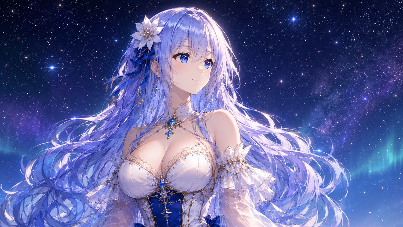 Spica with long silver-blue hair and a white flower, gazing at the starry sky of Selas