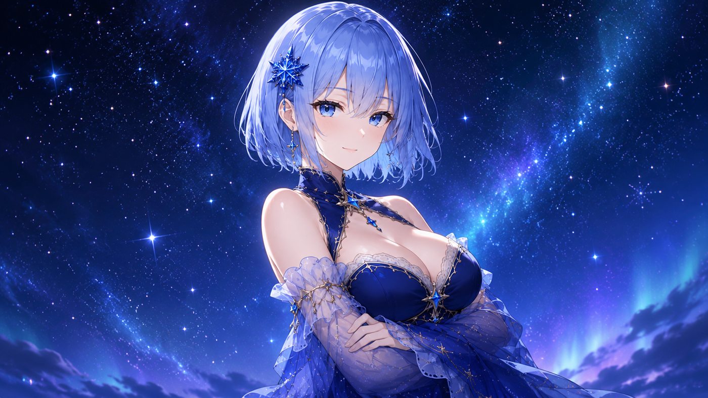 Stella with short silver-blue hair and a snowflake ornament, arms crossed beneath the stars of Selas